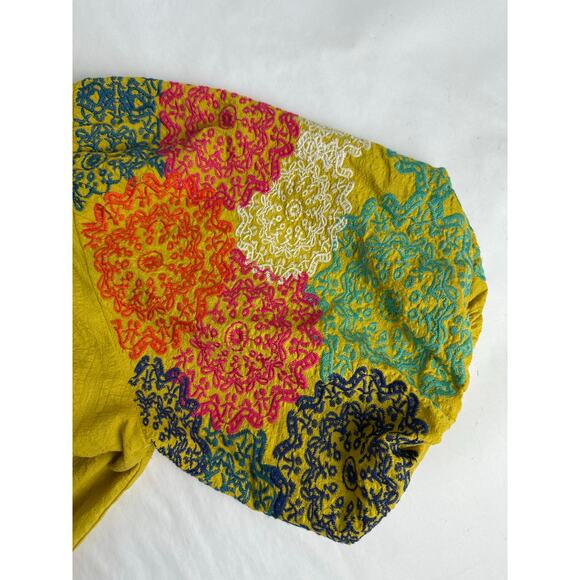 THML Size Large Embroidered Ruffled Mock Neck Top Boho Puff Sleeves Yellow - Picture 4 of 10